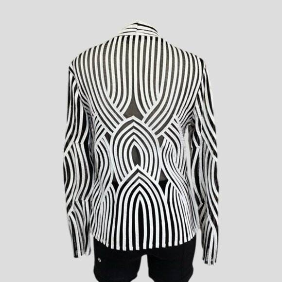 Vtg Alexandra Rosati Zip Up Black Stretch Mesh  White Stripe Details Blazer - Picture 2 of 9